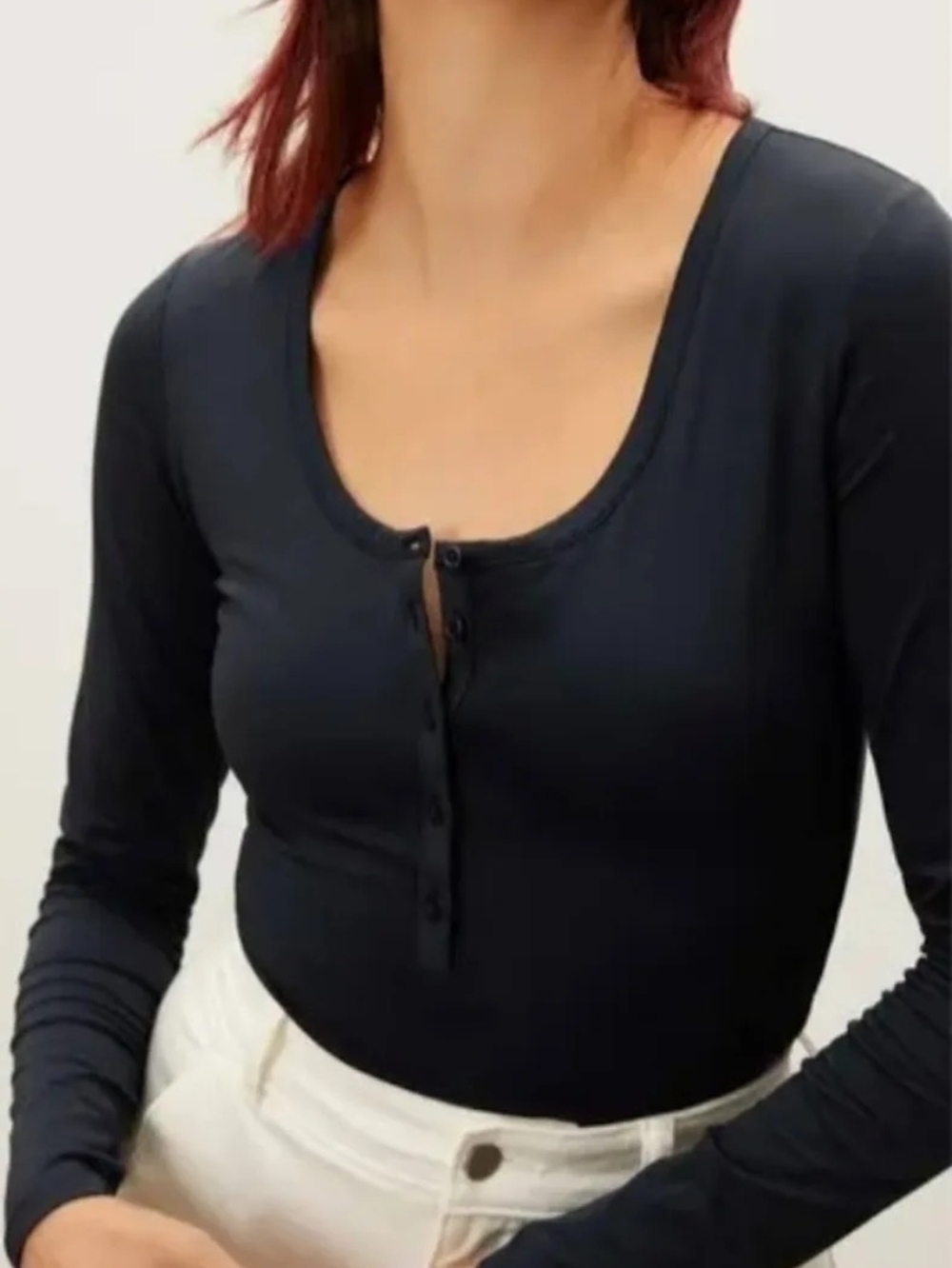 Everlane Black Long-Sleeve Henley Scoop Neck Top Bodysuit - S
